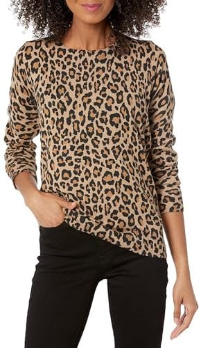 Amazon Essentials Women's Long-Sleeve Lightweight Crewneck Jumper (Available in Plus Size), Camel Cheetah, XXL