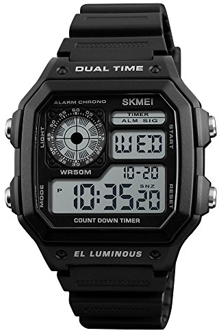 SKMEI Armbanduhr für Herren, digitale Sportuhr, wasserdicht, mit Dualzeit-Chronograph, Countdown-Alarm, Hintergrundbeleuchtung, Schwarz, 1.8*1.7*0.51 inches, Klassisch