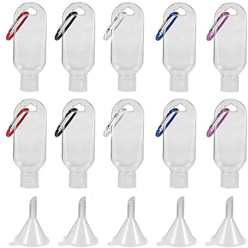 10pcs 50ml Refillable Bottles Clear Keychain Bottles with Flip Caps and 5pcs Funnel,Travel Leakproof Refillable Empty Bottles Portable Squeeze Containers for Cosmetics Toiletries Liquids