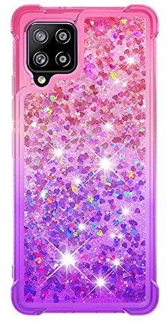 A12 / M12 Samsung Case Glitter Cute Bling Sparkle Quicksand Flowing Liquid Clear Transparent TPU Gel Silicone ShockProof Protective Phone Cover for Samsung Galaxy A12 / M12 Case Girls, Pink & Purple