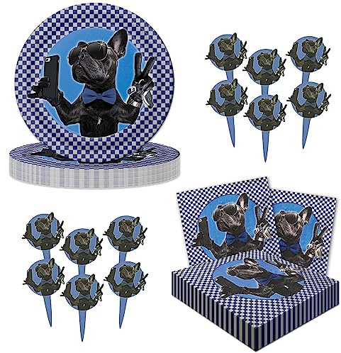 Havercamp Cool Bulldog or Dog Theme Party Set for 16 Guests; Including 16 ea. 9” Dinner Plates and Luncheon Napkins and 24 Festive Party Picks.
