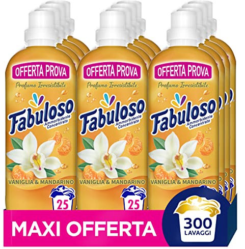 Fabuloso Ammorbidente Lavatrice Concentrato Sensation Mandarino, 300 lavaggi, Bucato Morbido e Fresco 2 volte più a Lungo, 12x585 ml