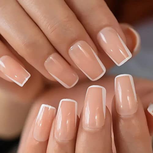 A N K Lot de 24 faux ongles en forme de cercueil ballerine en acrylique naturel de forme carrée, pour femme et fille (manucure carrée blanche)