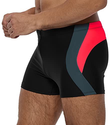 Arcweg Men's Swimming Trunks Shorts Sport Boxer Swimwear Boxers Underwear Drawstring Summer Beach Board Shorts Elastic Swimsuit Bottom (Black/Red, L)