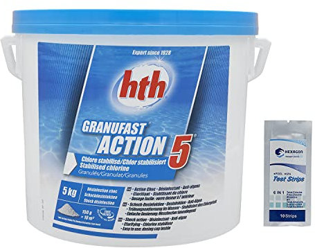 HTH GRANUFAST Action 5 Granulés - 5kg | Chlore Choc Stabilisé Multiaction - Désinfection Choc Multifonction - Dissolution Rapide + 10 Tests HPS OFFERTS 6 en 1