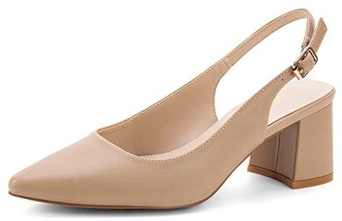 Greatonu Women's Pointed Toe Slingback Court Shoes Block Heel Ladies Pumps Ankle Strap Dress Shoes Nude Size 5