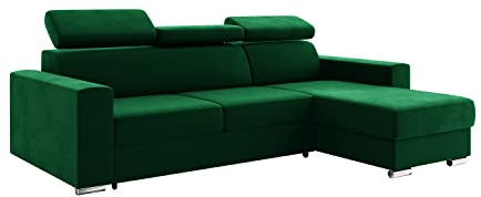 MEBLINI Schlafcouch mit Bettkasten - Ecksofa mit Schlaffunktion - Sofa mit Relaxfunktion und Kopfstützen - Couch L-Form - Eckcouch - Wohnlandschaft - Voss - 242x168x79cm Rechts - Grün Samt