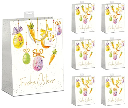 PremiumLine Geschenktaschen Ostern 6 Stück edle Geschenktüten Papier Tragetasche DIN A5 Geschenkbeutel mit farbiger Kordel und Namenskarte (Medium 18x23x10cm, Frohe Ostern)
