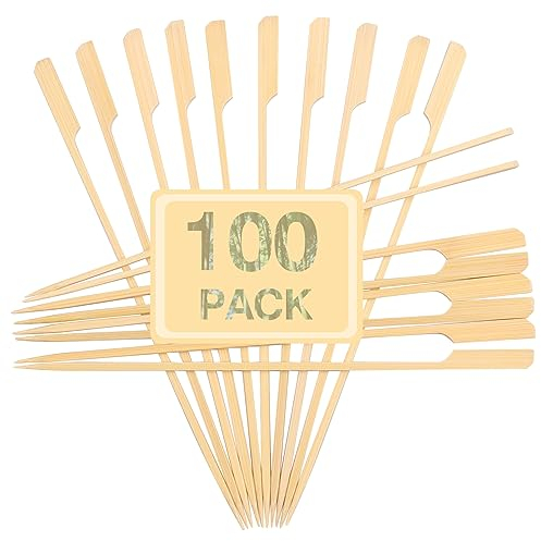 Bamboo Skewers 10 inch for BBQ Kebab STICKS -Flat Handle Meat Krift Sticks for Grilling -Long Wooden Skewers for Food (100 Pack-Flat)