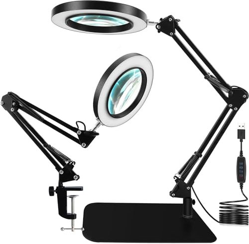 MILIEUR 10x Magnifying Glass with Light and Stand, 2 in 1 Clamp Flex Magnifying Lamp, Adjustable Swivel Arm, 3 Color Modes LED Magnifier Desk Lamp for Reading Crafts Repair Workbench-Black