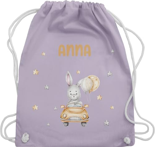 Turnbeutel Rucksack - Tiere - Hasenmotiv Baby Hase süß Bunny Rabbit Häschen Rennfahrer - Unisize - Pastell Lila - kindergarten kita baumwolle beutel personalisierte geschenke anna stoffbeutel