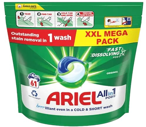 Ariel All-in-1 PODS®, Washing Liquid Laundry Detergent Capsules 61 Washes, Original, Outstanding Stain Removal In 1 Wash, Brrrilliant In Cold & Short