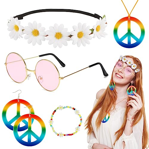 BOFUNX Hippie Kostüm Set, 6 Stücke 60er 70er Jahre Kostüm Zubehör Blumen Stirnband Halskette Ohrring Brille Armband Hippie Accessoires Damen Herren Hippie Party Karneval Cosplay