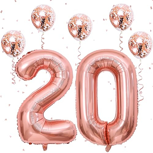 40 Inch Rose Gold Number 20 Balloons, Foil Self Inflating Giant Helium Number 2 & 0 Balloons with Confetti Balloons for Women Girls 20th 2nd Birthday Party Decor Anniversary Decorations Supplies