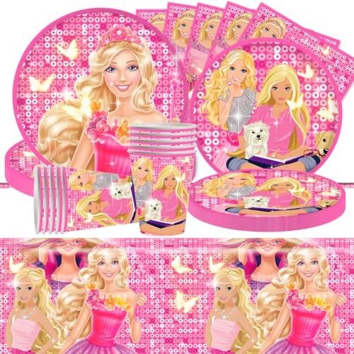 Babioms 51Pcs Barbi Girl Party Tableware Set, Girl Barbi Pink Party, Plate, Napkin, Cup, Tablecloth, Barbi Girl Party Supplies Decoration- 10Guests