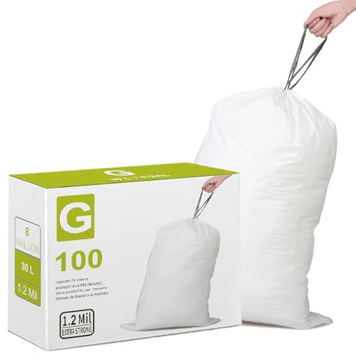 Simplelisa Code G Lot de 100 sacs poubelle à cordon compatibles avec les poubelles Simplehuman Code G | 1,2 mil | 30 litres de sacs poubelle blancs très résistants