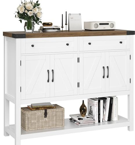 HOSTACK Buffet Sideboard Schrank mit Stauraum, 119,9 cm, moderne Bauernhaus-Kaffeebar mit 2 Schubladen, Scheunentüren, Konsolentisch mit Ablage für Küche, Esszimmer, Wohnzimmer, Eingangsbereich (weiß)