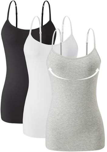 Knuffnee Damen Baumwolle Unterhemd Regal BH Unterhemden Verstellbaren Spaghetti Top 3er Pack Schwarz/Weiß/Grau M