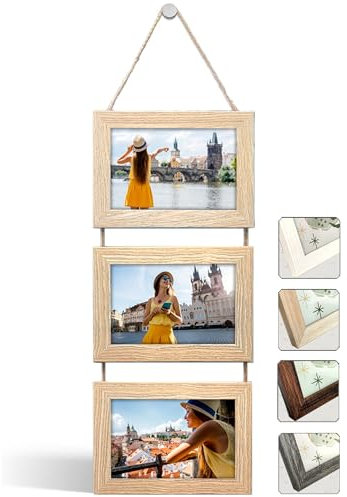 NEOWS Cadre Photo Multiple avec Corde pour Suspendre au Mur - Lot de Cadres Décoratifs pour Accrochage Mural Vertical - Porte Portrait Pele Mele - Photos 10x15 (Chêne Naturel, 3 Photos Horizontal)
