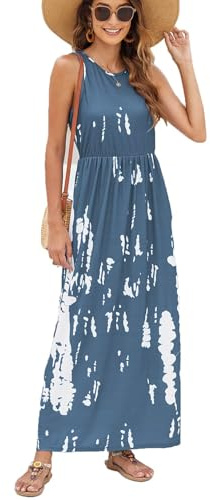 BDTECAOR Maxikleid Damen Sommer Boho Ärmellos Lange Tank Kleid mit Taschen | Sommerkleider mit Rundhals, Hoher Taille, Weich Elastisch, Leicht und Luftig, Blumenmuster & Einfarbig, für Alltag & Urlaub