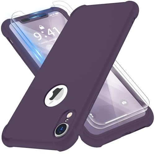 ORETECH Coque Compatible avec iPhone XR, avec 2 x Protecteur D'écran en Verre Trempé 360°Housse Hybride Robuste 2 en 1 Antichoc Ultra Mince Mat Anti Rayures PC TPU Etui pour iPhone XR Violet Foncé