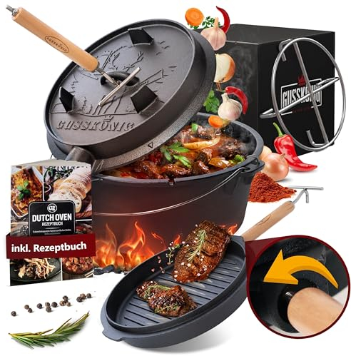 GUSSKÖNIG DutchOven Set - Eingebrannter Dutch Oven 8 Liter - Feuertopf aus Gusseisen ohne Füßen - Schmortopf Doppelfunktion - inkl. 2in1 Deckelheber, Dutch Oven Rezeptbuch[für 3-6 Personen]