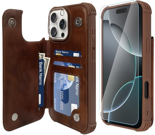 VANAVAGY Compatible for iPhone 16 Pro Max Wallet Casewith Credit Card Holder,Rfid Leather Flip Folio Phone Cover Fits Magnetic Car Mount and Stand with Screen Camera Protector,Brown