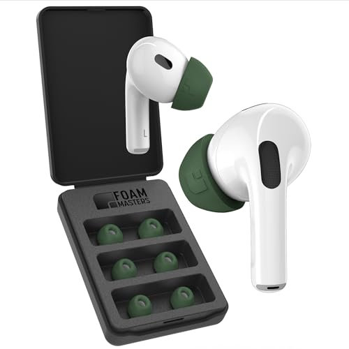 Foam Masters Memory-Schaumstoff-Ohrstöpsel für AirPods Pro 1. und 2. Generation, 3 Paar, Black Magic-Version 6.0, bequem, sicher, verbesserte Geräuschunterdrückung, Ersatzohrstöpsel, Waldgrün, S/M/L