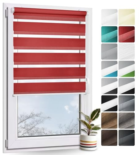 Rollmayer Doppelrollo Klemmfix ohne Bohren Rot B90 x H130cm | Klemmrollo Fensterrollo Duo Rollo Sonnenschutzrollo Zebrarollo Seitenzugrollo für Fenster und Tür