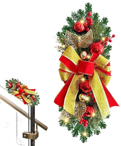 Corona de Navidad para barandilla de escaleras, guirnalda navideña con corona para barandilla, corona de escalera de Navidad, corona festiva para barandillas de escalera, decoraciones de Navidad