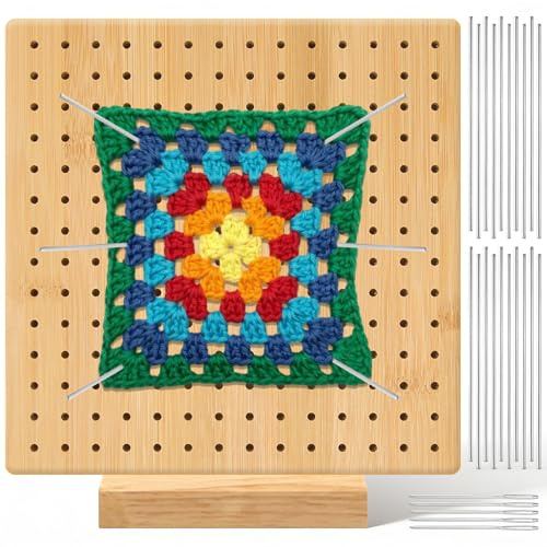 Tavola Blocco Uncinetto Piazza 20 x 20 cm, Bordo Scheda Uncinetto Fatto Mano per Progetti Lavoro Maglia, Blocco Uncinetti con 20 Perni Acciaio Inossidabile, 5 Aghi Occhio Grande y 1 Base Supporto