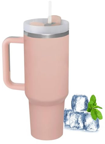 LOITTAINUE Thermobecher mit Strohhalm und Henkel, 1180ml 40oz Kaffeebecher To Go mit Deckel, Doppelwandiger Edelstahl Vakuum Isolierbecher, Tragbare Autobecher für Kalte Heiße Getränke (Rosa)
