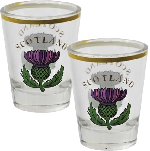 I LUV LTD Double Shot Glasses with Heavy Base, Scotland Thistle Design, Souvenir Gift Set, 50ml, Pack of 2