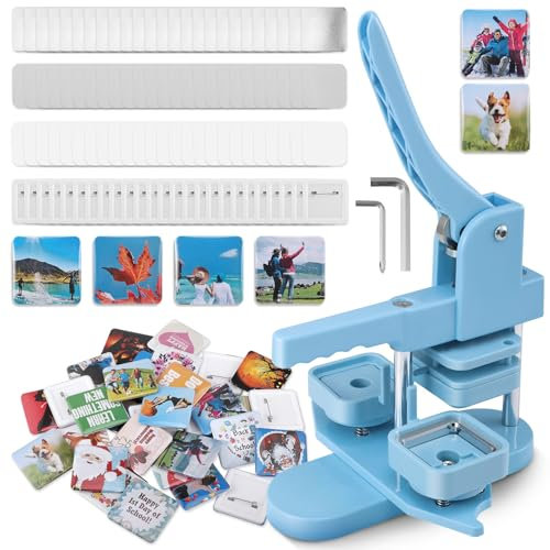 Square Button Maker Kit Badge Maker Machine 50mm*50mm with 100 Set Square Button Making Supplies DIY Square Photo Picture Badge Button Press Machine Pin Badge Maker Team Badge (Blue)