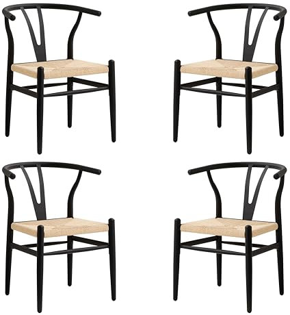 TTATC Korb-Esszimmerstühle 4er-Set, Moderne Rattan-Küchenstühle mit Wasserdichter Oberfläche und Metallrahmen, für den Außenbereich, Restaurant und Wohnzimmer, Schwarz