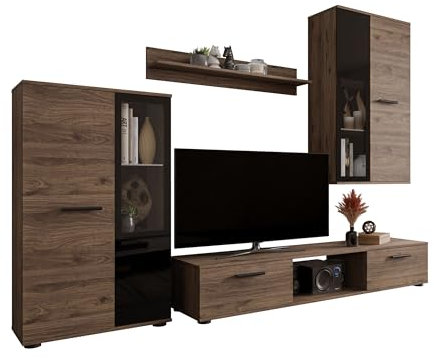 Mirjan24 Wohnwand Salsa, Design Mediawand, Modernes Wohnzimmer Set, Anbauwand, Hängeschrank, Vitrine, TV Lowboard, (Nuss Okapi, ohne Beleuchtung)