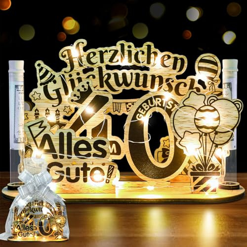 Belillpipi 40. Geburtstag Deko Holz Set – Geburtstagsdeko aus Holz mit LED Lichterkette, Geldgeschenke Geburtstag Alles Gute Schild für Frauen & Männer – Geschenkidee zum 40 Geburtstag