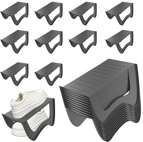 AufuN 10 Stück Rutschfest Schuhstapler Schuhschlitze PP Anti-rutsch Schuhhalter Schuhregale Platzsparend Schuh Organizer Schuhaufbewahrung Doppelschicht Schuhorganizer Schrank 25x14,5x14cm, Grau