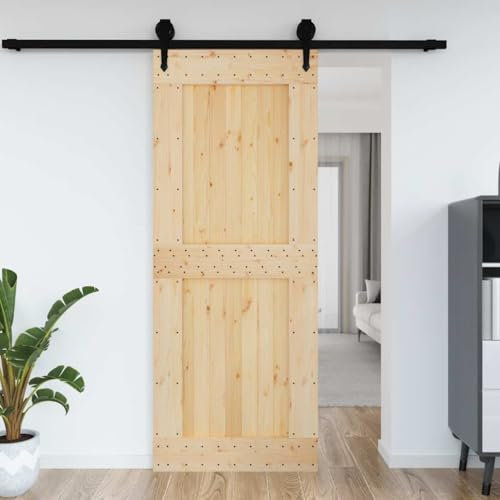 Higsose Porta scorrevole in legno di pino massiccio, alla moda, divisorio interno, per soggiorno, camera da letto, ufficio o cucina, design moderno, marrone e nero, 90 x 210 cm