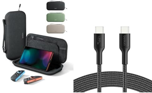 Belkin Gaming Nintendo Switch 2 Case Travel Bag with AirTag Holder & Game Card Storage Pocket + Gaming USB-C to USB-C Cable 60W (6.6ft), Braided Type C Charger Fast Charging