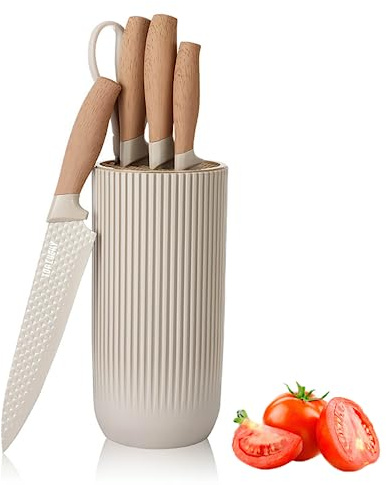 Messer Set, 6-teiliges Khaki Scharfes Messerblock Set für Küche, Antihaft Rutschfestes Edelstahl-Kochmesser-Set mit Universal-Messerblock, Küchenmesser für Schneiden, Home, Restaurant (Khaki)