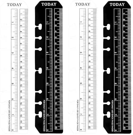 Lesezeichen-Lineale, 4 Stück, schwarzes und transparentes Kunststoff-Binder-Lineal, Notizbuch-Lineal, A5, 6-Ring-Seitenmarker, Trennwand, Seitenfinder, Messlineal mit Löchern, Buchmarker