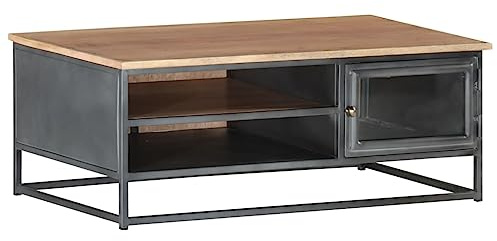 QUAHEAS Table basse grise 90 x 50 x 35 cm en bois d'acacia massif, table de salon durable avec espace de rangement, verre et pieds en acier pour une décoration moderne