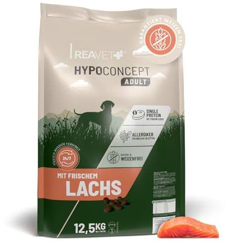 REAVET HYPOCONCEPT Hundetrockenfutter Lachs – Single-Protein mit Frischfleisch 12,5kg I Weizenfrei & ohne Zucker Trockenfutter für alle Hunde & Rassen, auch für Sensible Hunde & Allergikerfreundlich