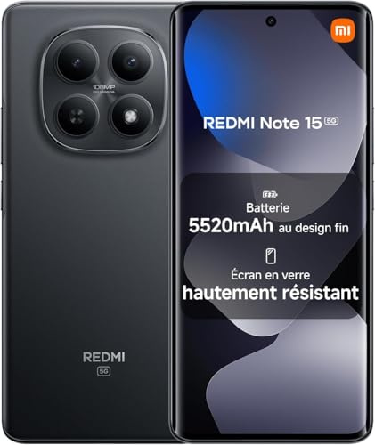 XIAOMI Smartphone REDMI Note 15 5G NFC, 8 + 256 Go, Noir, 6,77, 1080 × 2392 Pixels, Appareil Photo 108 MP, Charge Rapide 45 W, IP66, Snapdragon 6 Gen 3, sans Chargeur