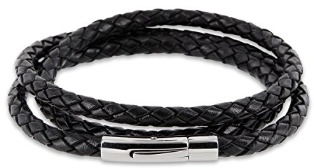 Auroris Echtleder Kette/Armband geflochten 5MM Farbe: schwarz mit Hebeldruckverschluss aus Edelstahl - Länge: 45cm