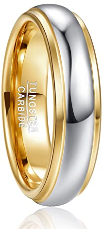 NUNCAD Wolfram Ring Gold Damen Verlobungsring für Männer Frauen Silber Ehering Partnerringe 6mm Kuppelstil Poliertes Finish Größe 56.0 (17.8)