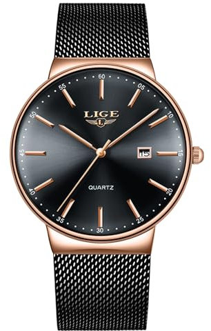 LIGE Montre Homme Or Rose, Montres Bracelet Analogique Quartz, Bracelet Classique Noir, Acier Inoxydable étanche 3ATM, Fonction Calendrier, Cadeau Luxe pour Homme, Business Mode Casual Match