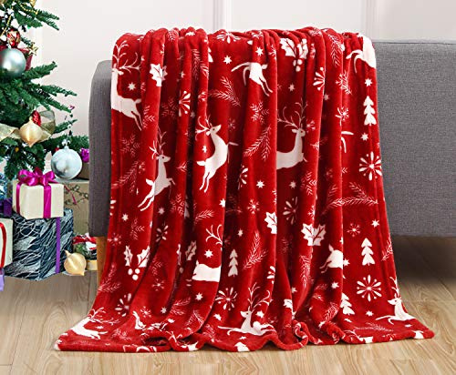 Elegant Comfort Coperta in pile super morbida con stampa natalizia in velluto, ideale per decorare la casa, per biancheria da letto invernale, divano e regalo, 127 x 152 cm, renna bordeaux