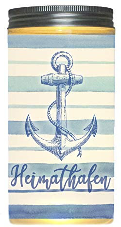 WB wohn trends LED-Licht Heimathafen mit Anker maritim blau-weiß, rundum Druck 14x7cm Dose mit Deckel Leuchte LED-Lampe Text Spruch